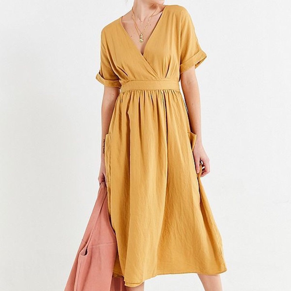 UO Gabrielle Linen Midi Wrap Dress